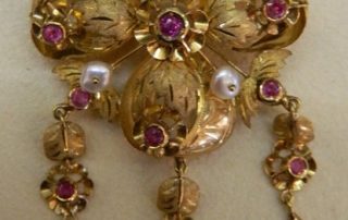 pearl ruby floral gold brooch