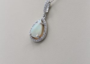 A necklace with teardrop-shaped gemstone